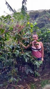 Michelle Miller standing with the coffee plants!