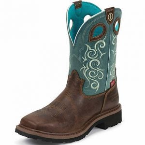 Tony Lama Women's Saddleback Brown 3R Work Waterproof Composition Toe Work Boot with Turquoise Top